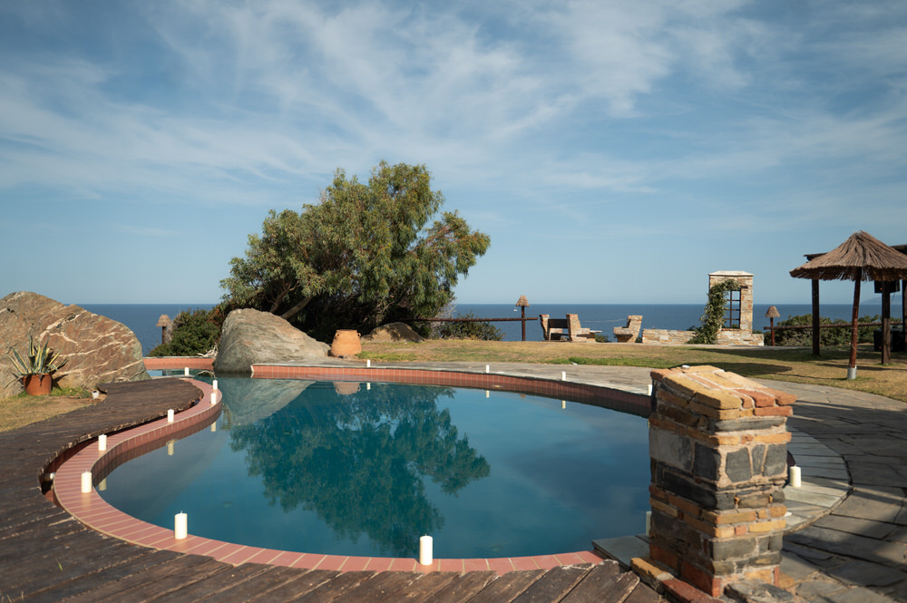 Ceremony setup overlooking the sea at Villa Delenia, Greece