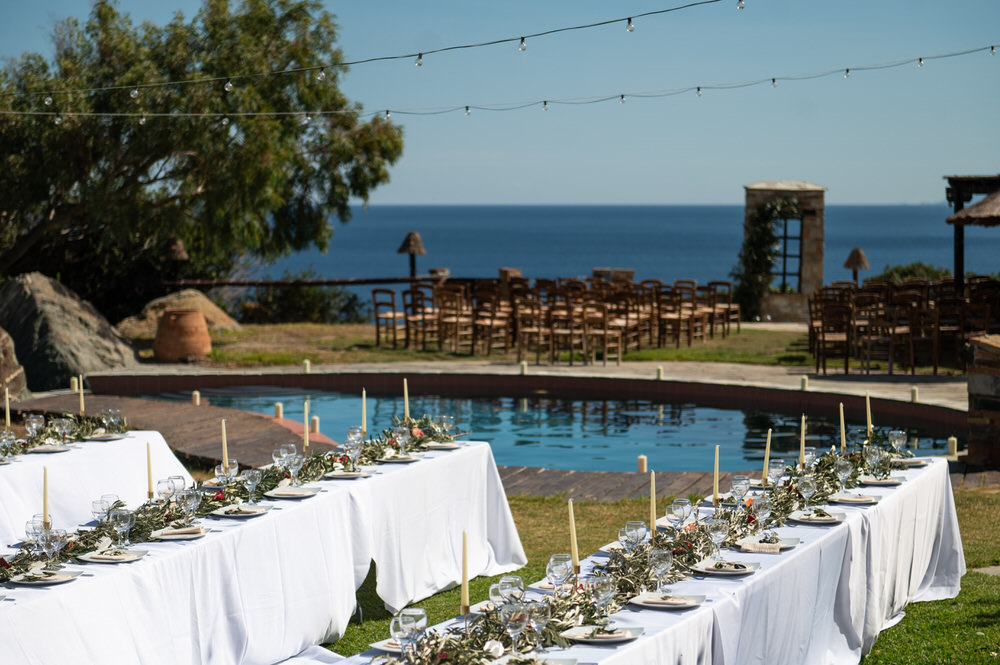 Ceremony setup overlooking the sea at Villa Delenia, Greece