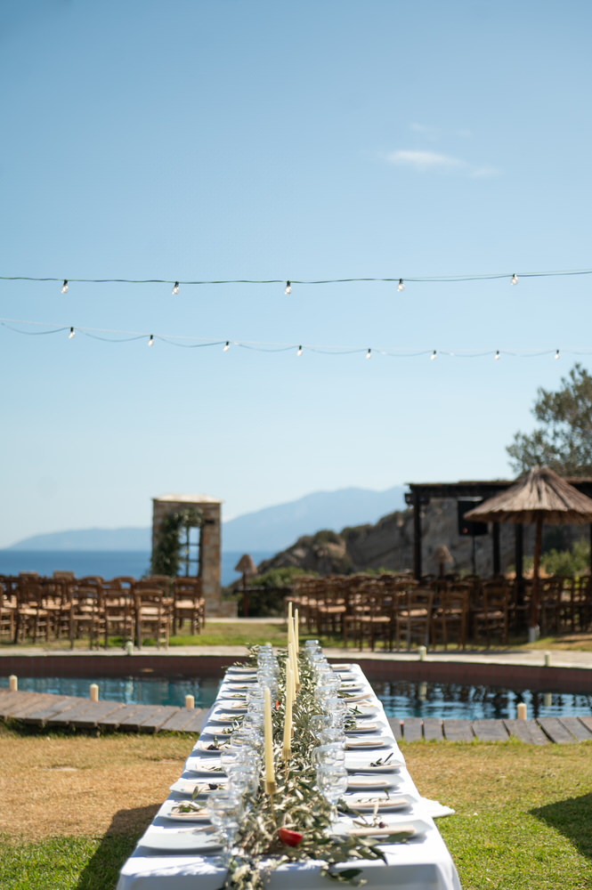 Ceremony setup overlooking the sea at Villa Delenia, Greece