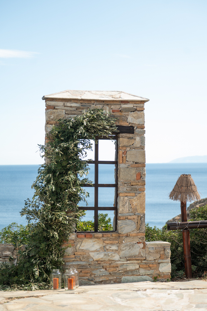 Ceremony setup overlooking the sea at Villa Delenia, Greece