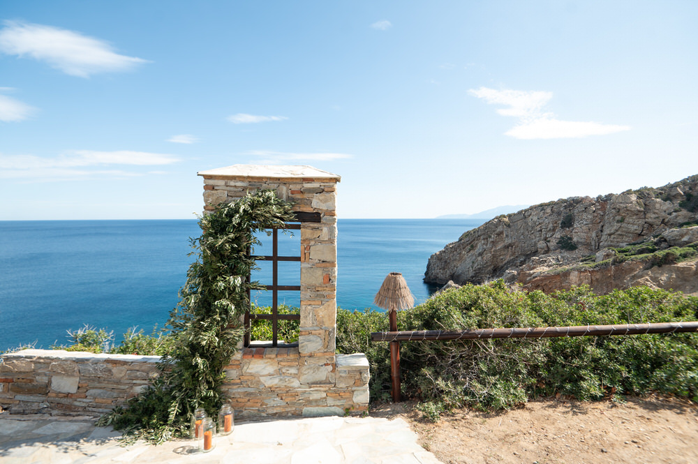Ceremony setup overlooking the sea at Villa Delenia, Greece