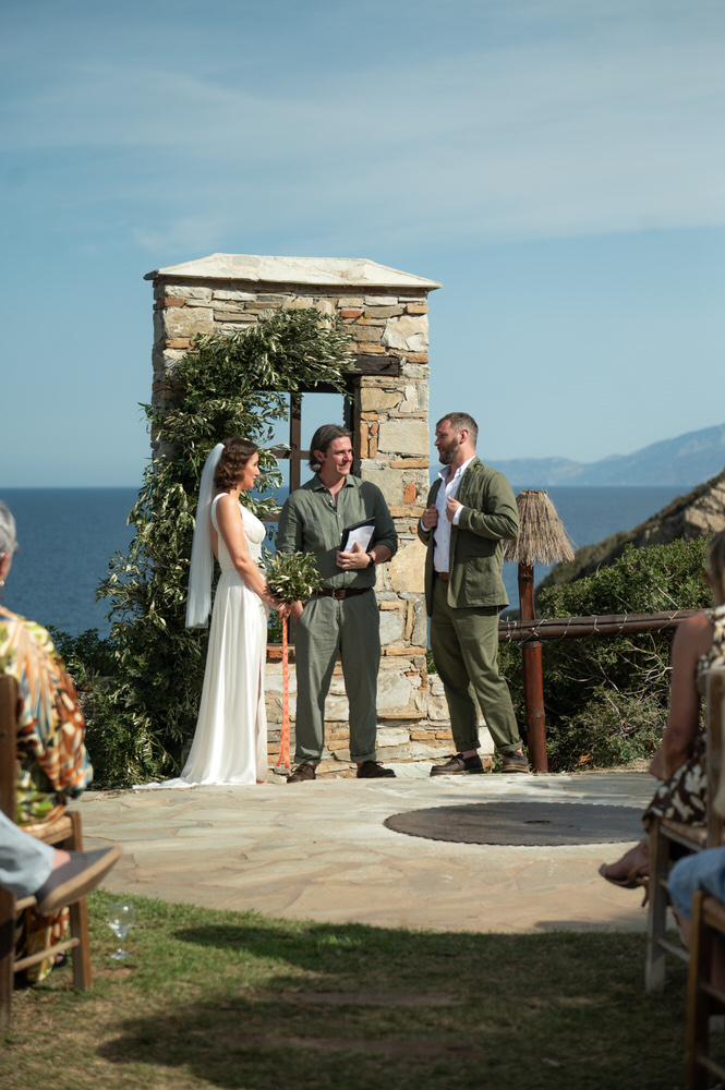 Lois and Nathan during their wedding ceremony at Villa Delenia